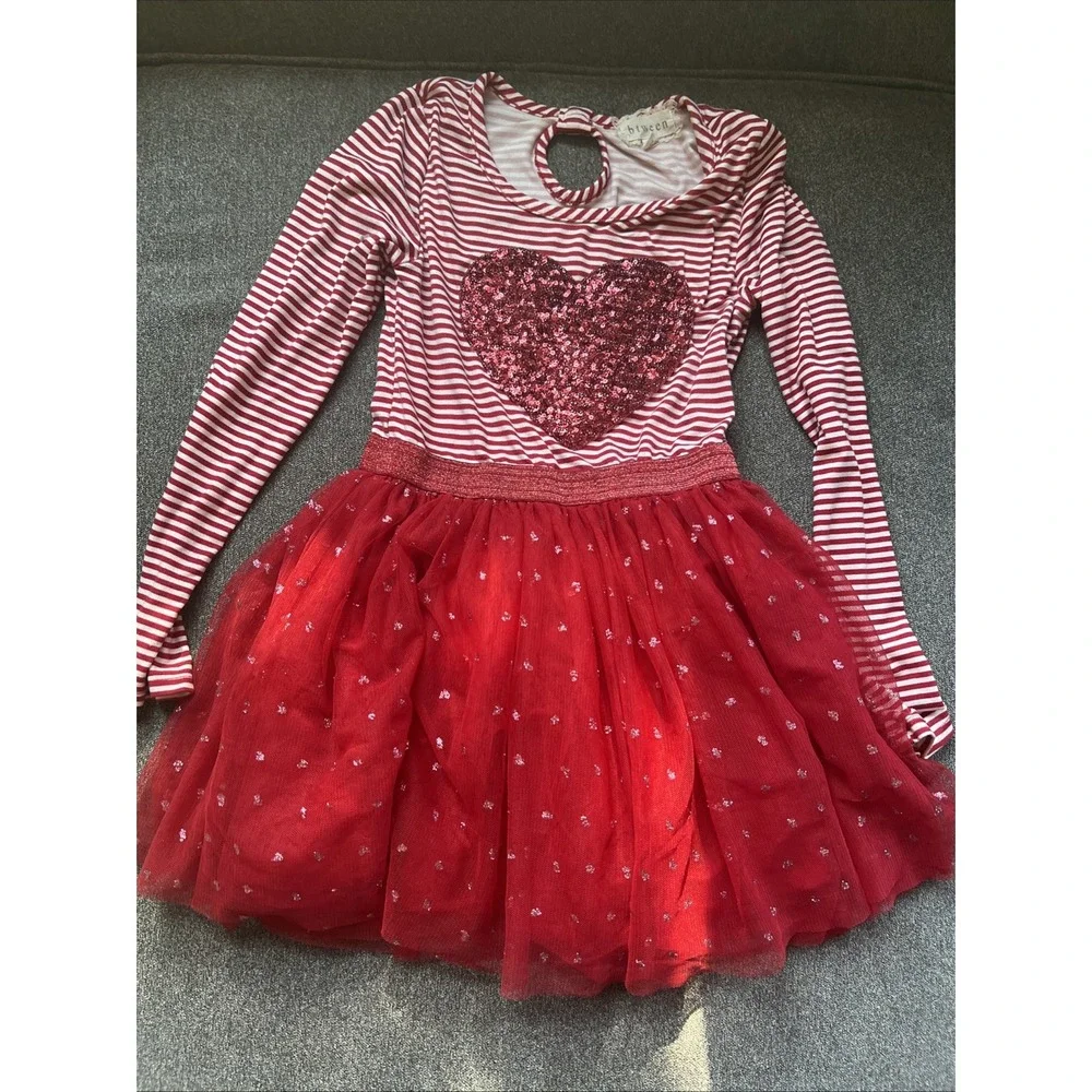 btween Heart Tutu Dress Girls Size 6 Red White Striped Long Sleeve Glitter